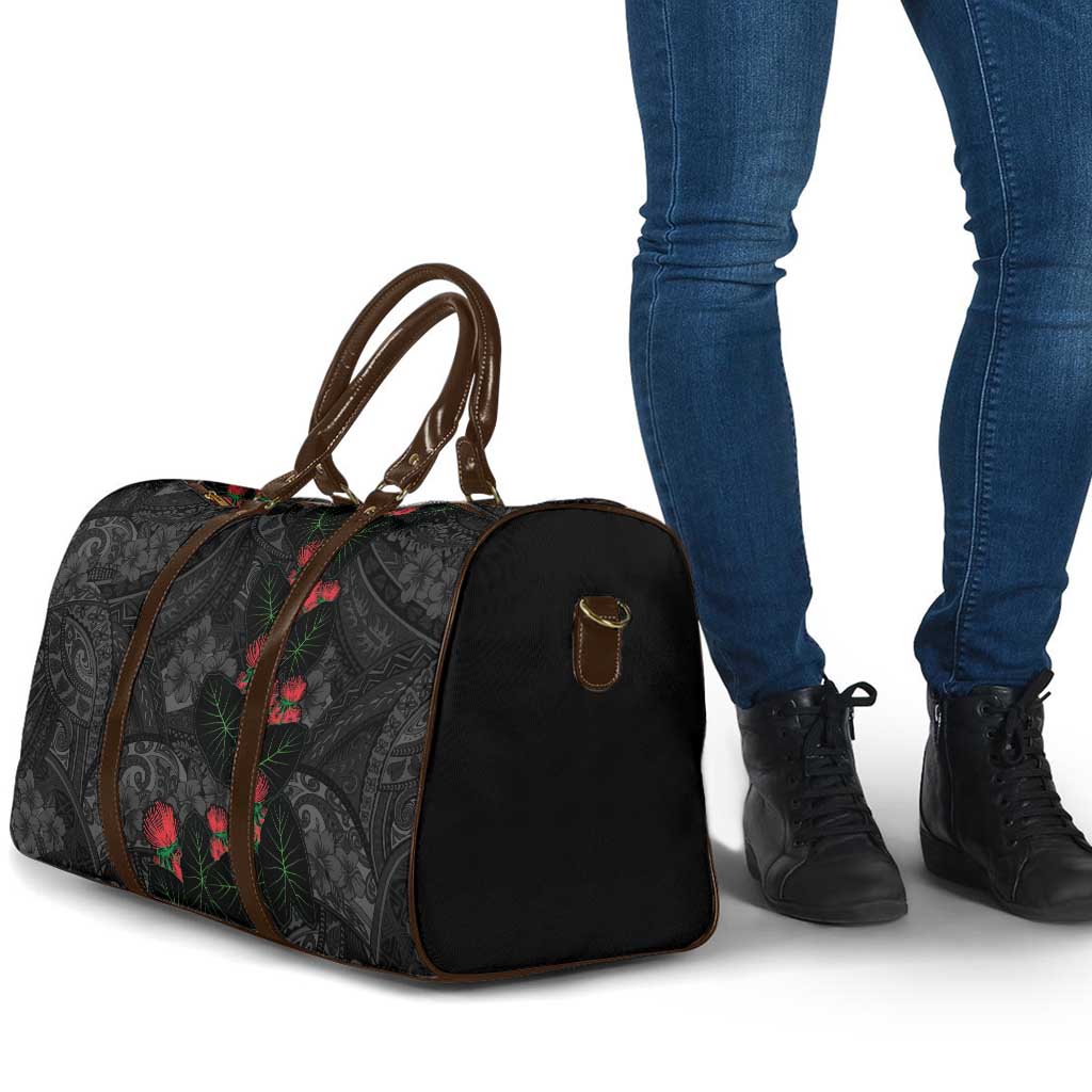 Hawaiian Taro Leaves and Ohia Lehua Travel Bag Polynesian Tribal Art Tropical Plants Motifs Grayscale
