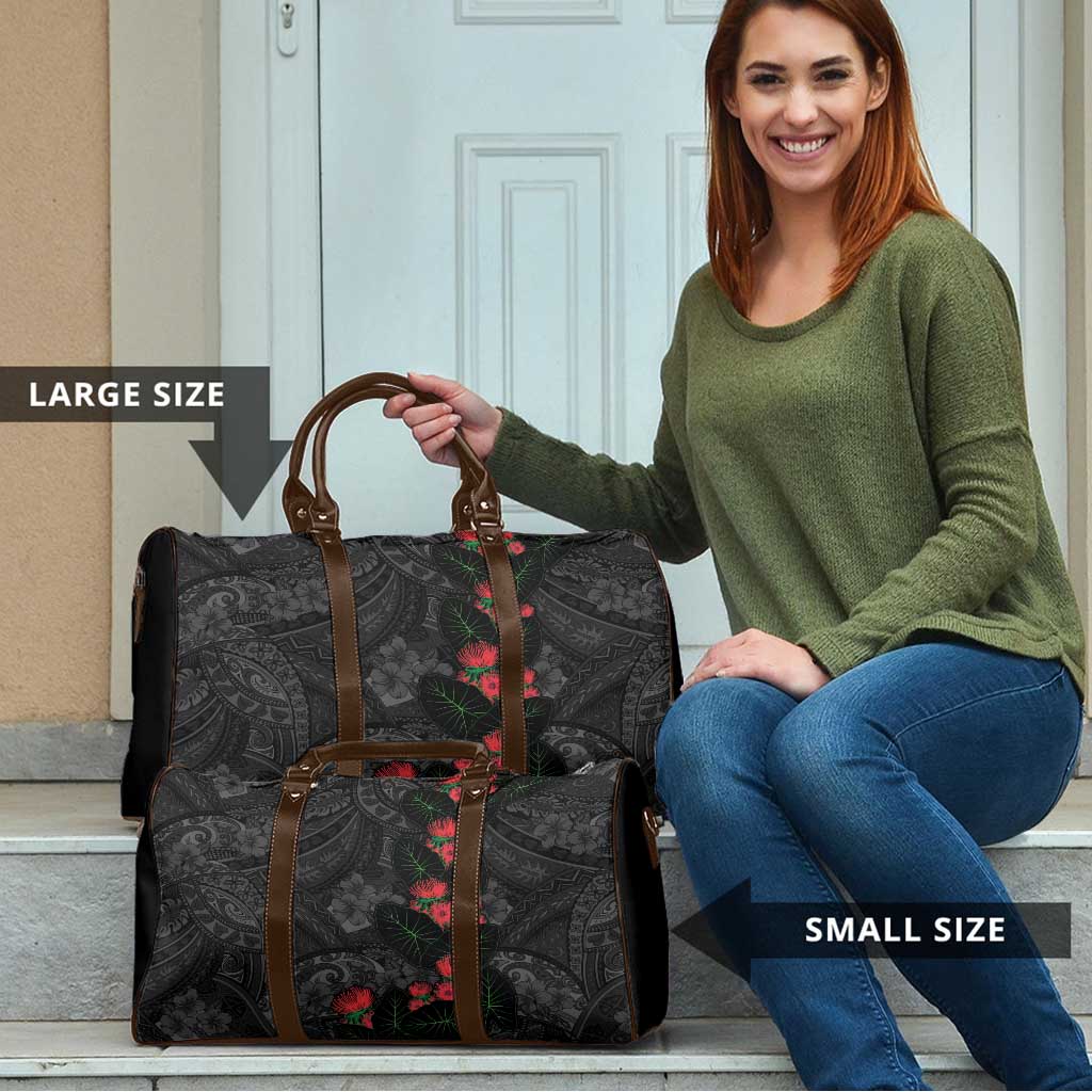 Hawaiian Taro Leaves and Ohia Lehua Travel Bag Polynesian Tribal Art Tropical Plants Motifs Grayscale