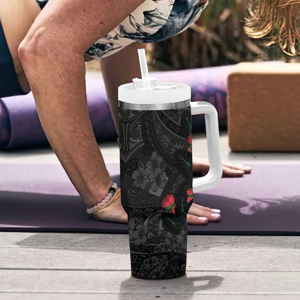 Hawaiian Taro Leaves and Ohia Lehua Tumbler With Handle Polynesian Tribal Art Tropical Plants Motifs Grayscale