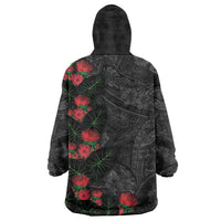 Hawaiian Taro Leaves and Ohia Lehua Wearable Blanket Hoodie Polynesian Tribal Art Tropical Plants Motifs Grayscale