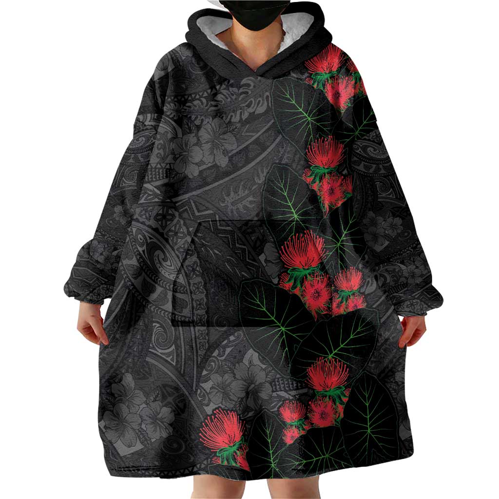 Hawaiian Taro Leaves and Ohia Lehua Wearable Blanket Hoodie Polynesian Tribal Art Tropical Plants Motifs Grayscale