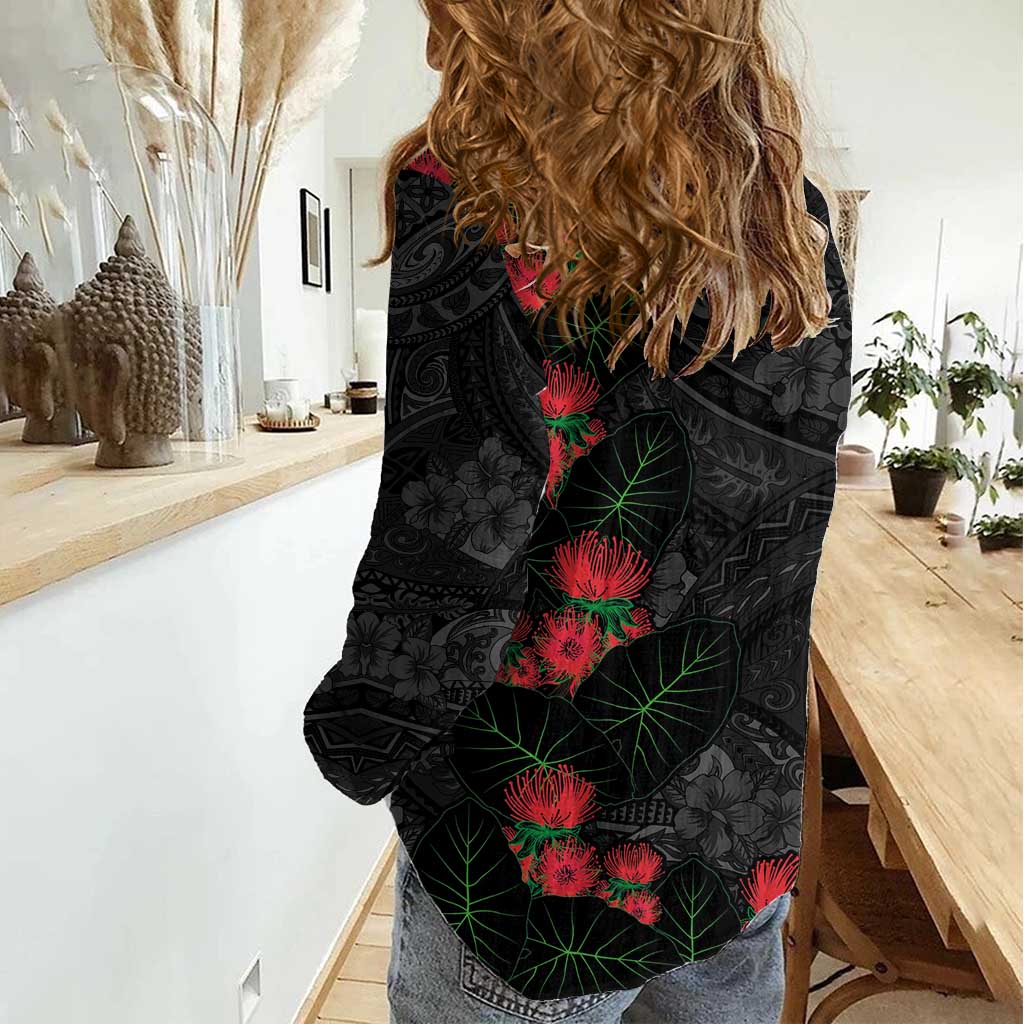 Hawaiian Taro Leaves and Ohia Lehua Women Casual Shirt Polynesian Tribal Art Tropical Plants Motifs Grayscale
