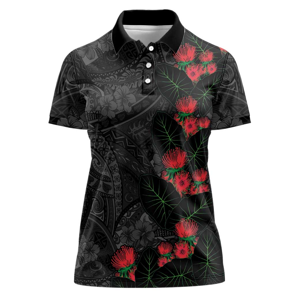 Hawaiian Taro Leaves and Ohia Lehua Women Polo Shirt Polynesian Tribal Art Tropical Plants Motifs Grayscale