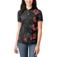 Hawaiian Taro Leaves and Ohia Lehua Women Polo Shirt Polynesian Tribal Art Tropical Plants Motifs Grayscale