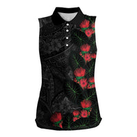 Hawaiian Taro Leaves and Ohia Lehua Women Sleeveless Polo Shirt Polynesian Tribal Art Tropical Plants Motifs Grayscale