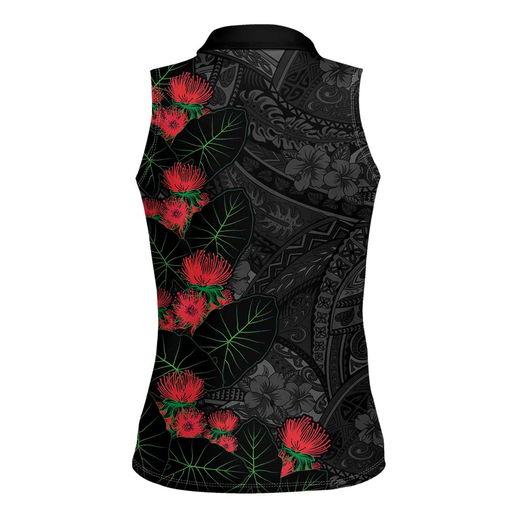 Hawaiian Taro Leaves and Ohia Lehua Women Sleeveless Polo Shirt Polynesian Tribal Art Tropical Plants Motifs Grayscale