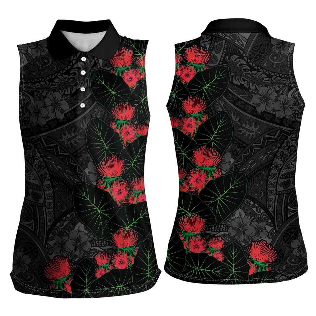 Hawaiian Taro Leaves and Ohia Lehua Women Sleeveless Polo Shirt Polynesian Tribal Art Tropical Plants Motifs Grayscale