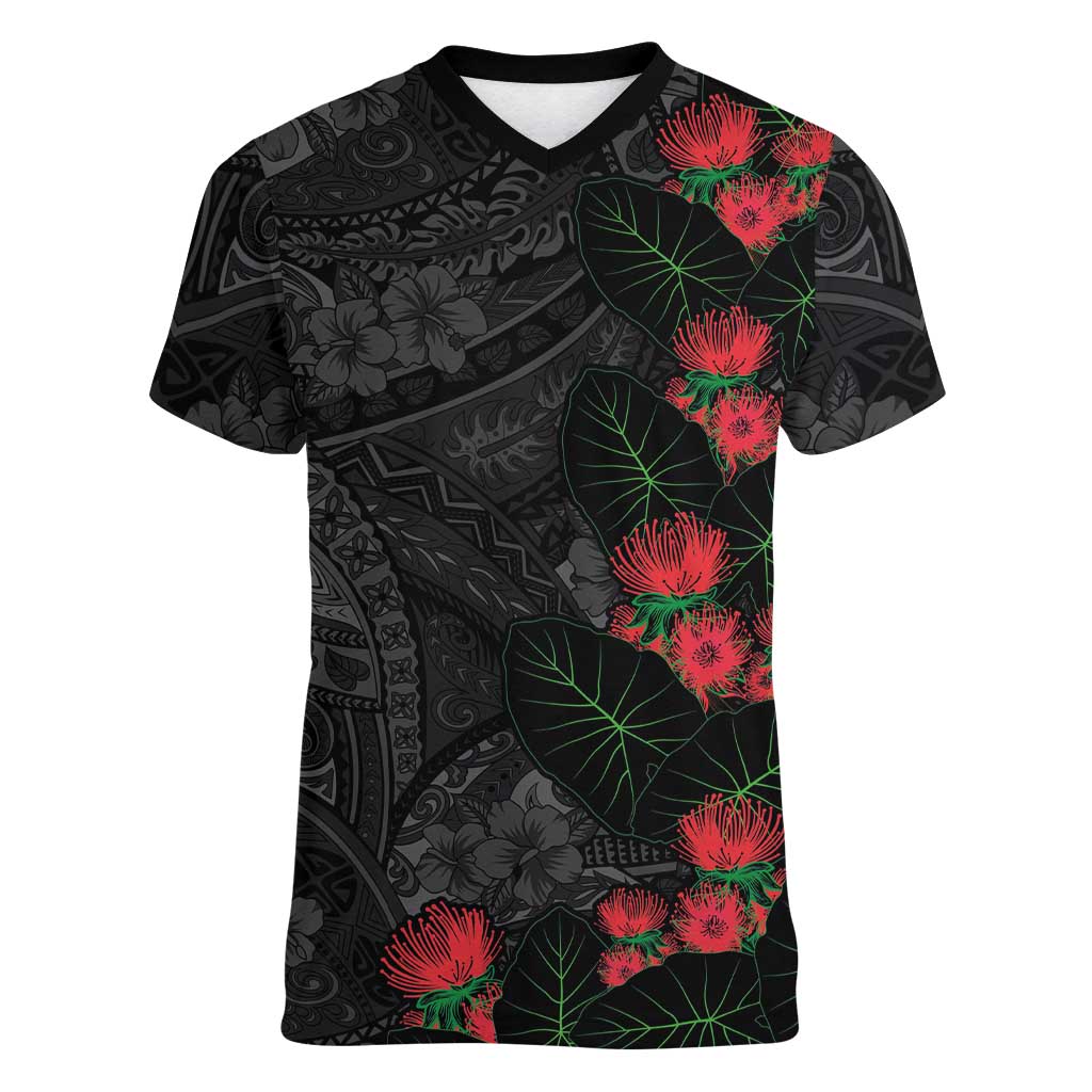 Hawaiian Taro Leaves and Ohia Lehua Women V-Neck T-Shirt Polynesian Tribal Art Tropical Plants Motifs Grayscale