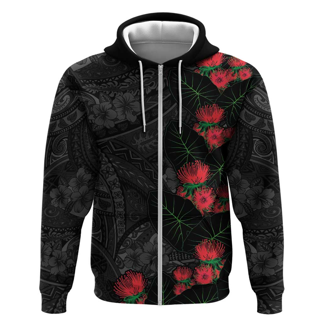 Hawaiian Taro Leaves and Ohia Lehua Zip Hoodie Polynesian Tribal Art Tropical Plants Motifs Grayscale