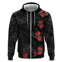 Hawaiian Taro Leaves and Ohia Lehua Zip Hoodie Polynesian Tribal Art Tropical Plants Motifs Grayscale