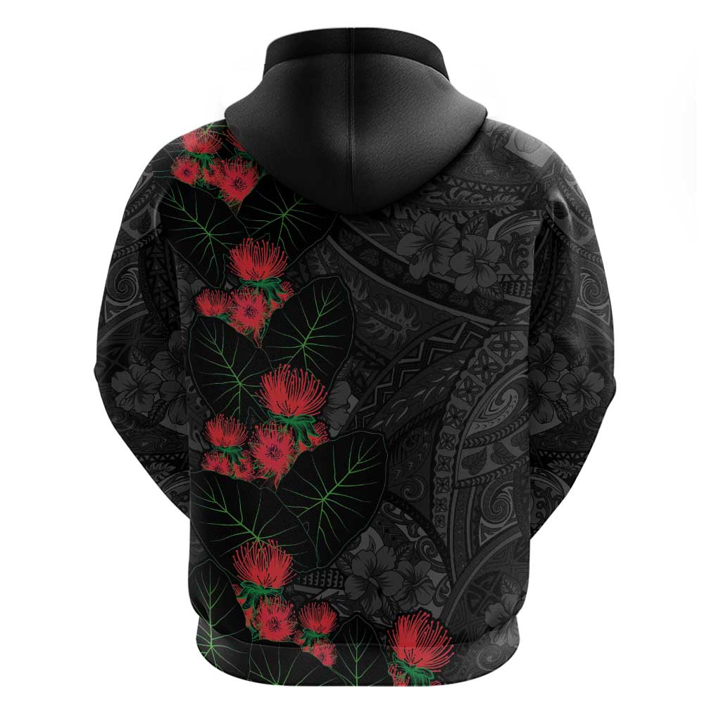Hawaiian Taro Leaves and Ohia Lehua Zip Hoodie Polynesian Tribal Art Tropical Plants Motifs Grayscale