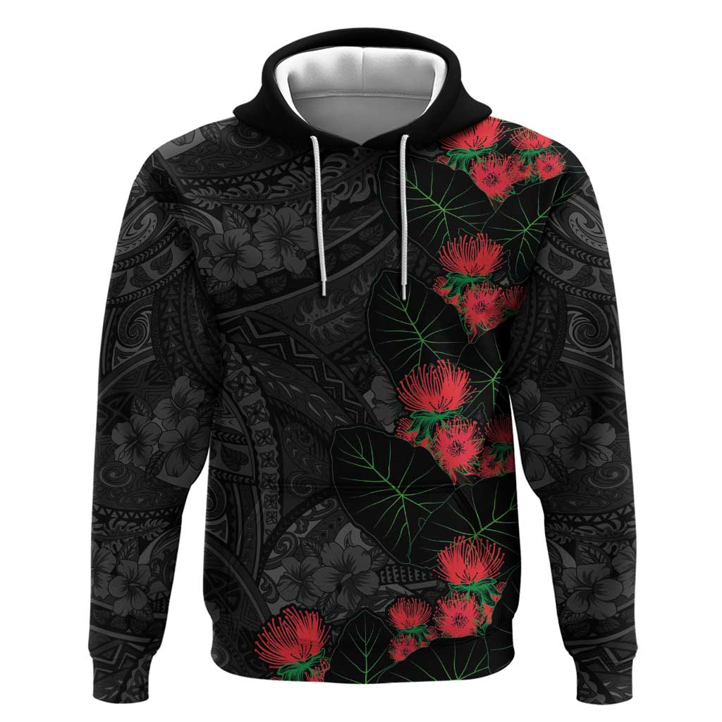 Hawaiian Taro Leaves and Ohia Lehua Zip Hoodie Polynesian Tribal Art Tropical Plants Motifs Grayscale