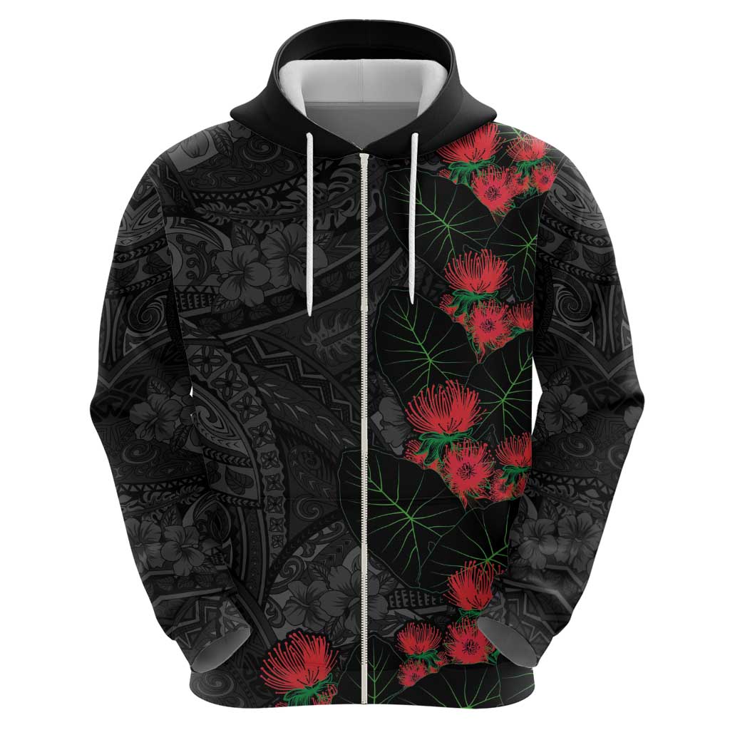 Hawaiian Taro Leaves and Ohia Lehua Zip Hoodie Polynesian Tribal Art Tropical Plants Motifs Grayscale