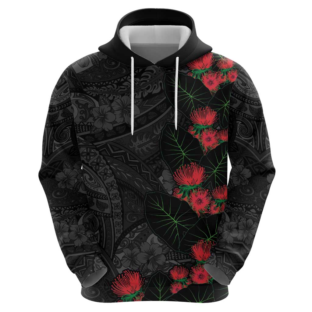 Hawaiian Taro Leaves and Ohia Lehua Zip Hoodie Polynesian Tribal Art Tropical Plants Motifs Grayscale