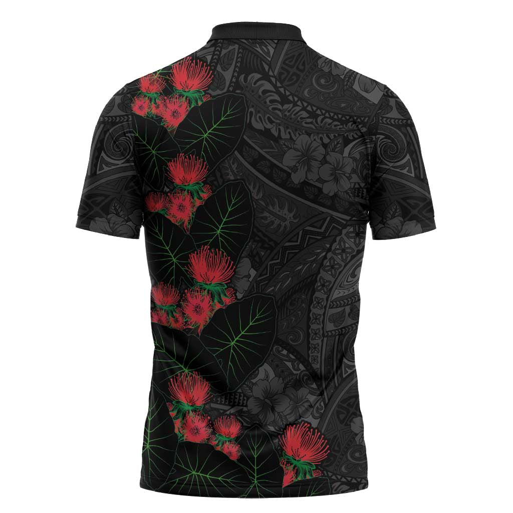 Hawaiian Taro Leaves and Ohia Lehua Zipper Polo Shirt Polynesian Tribal Art Tropical Plants Motifs Grayscale