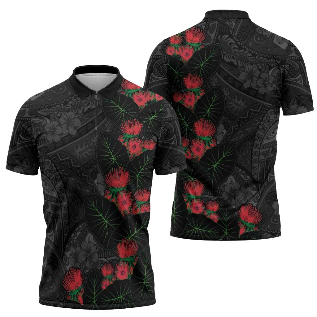 Hawaiian Taro Leaves and Ohia Lehua Zipper Polo Shirt Polynesian Tribal Art Tropical Plants Motifs Grayscale