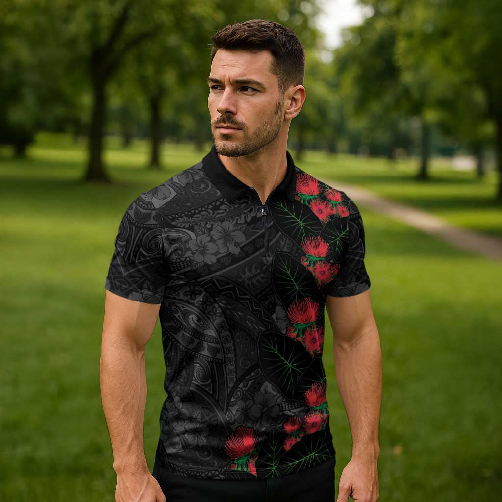 Hawaiian Taro Leaves and Ohia Lehua Zipper Polo Shirt Polynesian Tribal Art Tropical Plants Motifs Grayscale