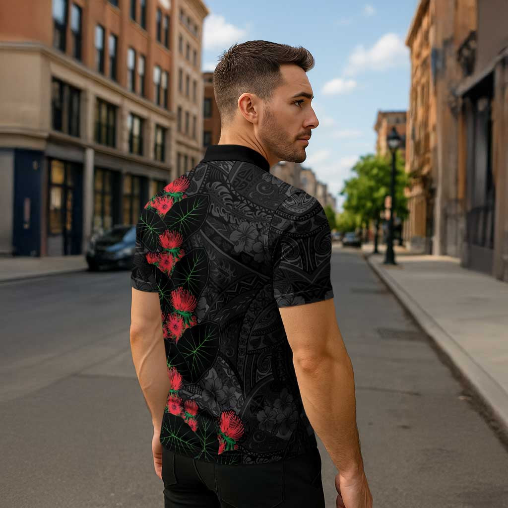 Hawaiian Taro Leaves and Ohia Lehua Zipper Polo Shirt Polynesian Tribal Art Tropical Plants Motifs Grayscale
