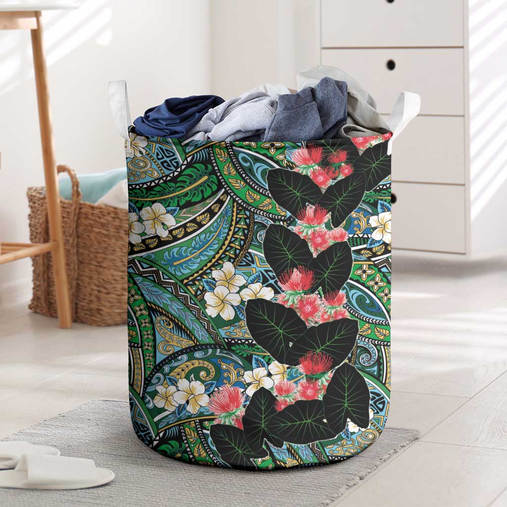 Hawaiian Taro Leaves and Ohia Lehua Laundry Basket Polynesian Tribal Art Tropical Plants Motifs Colorful LT03 Multicolor - Polynesian Pride