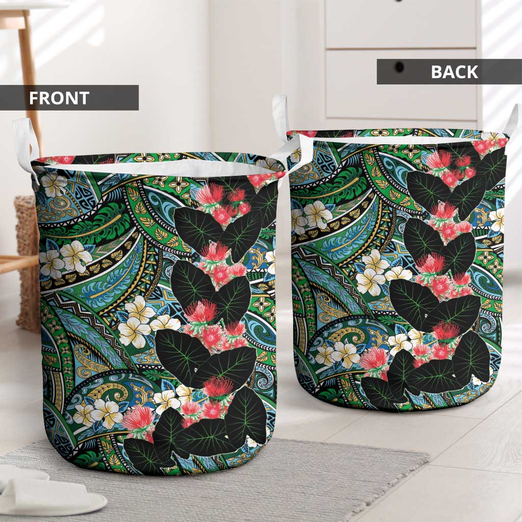 Hawaiian Taro Leaves and Ohia Lehua Laundry Basket Polynesian Tribal Art Tropical Plants Motifs Colorful LT03 - Polynesian Pride
