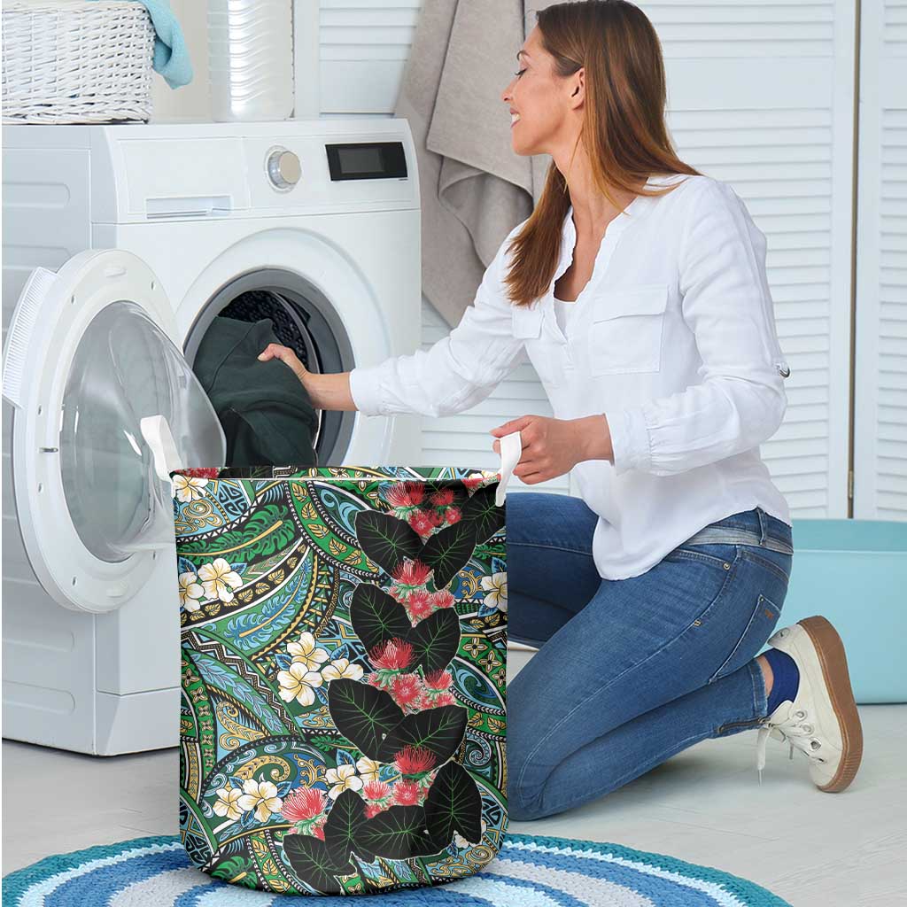 Hawaiian Taro Leaves and Ohia Lehua Laundry Basket Polynesian Tribal Art Tropical Plants Motifs Colorful LT03 - Polynesian Pride
