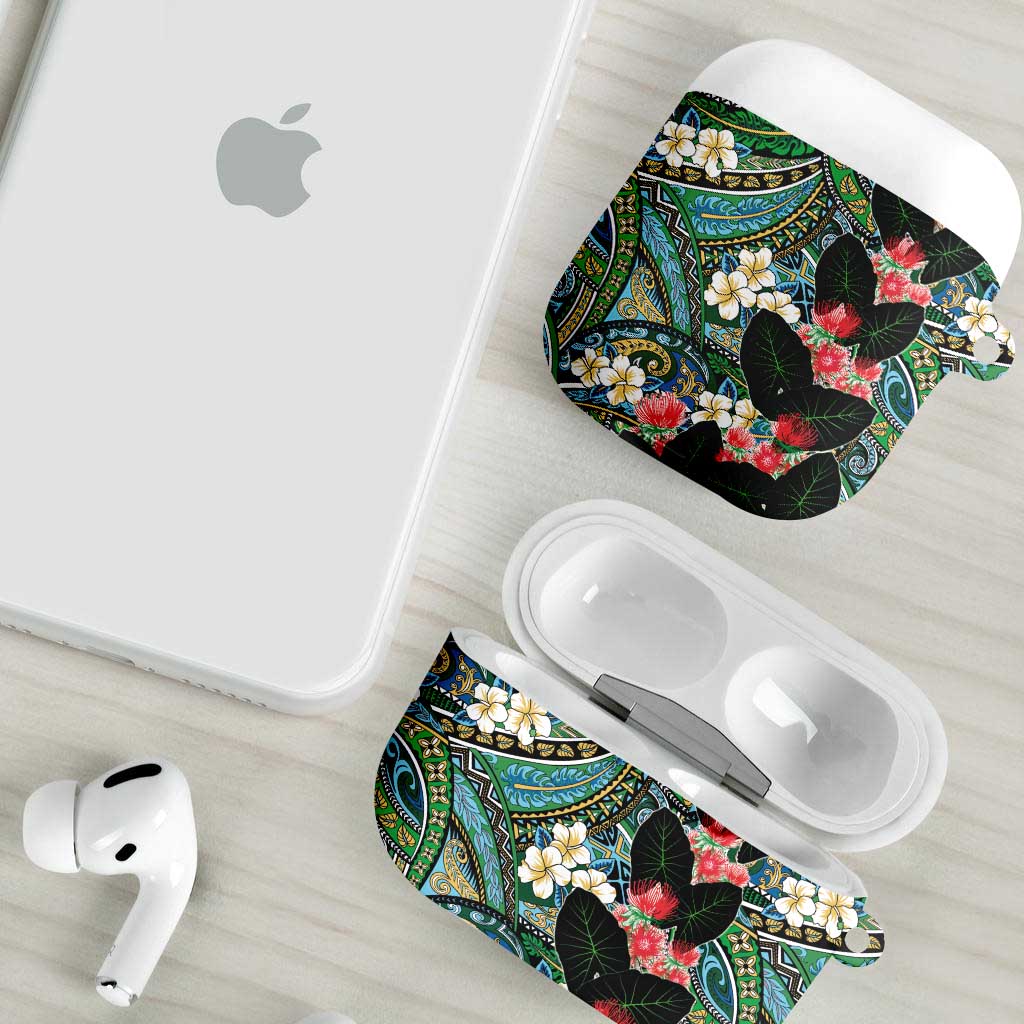 Hawaiian Taro Leaves and Ohia Lehua AirPods Case Polynesian Tribal Art Tropical Plants Motifs Colorful