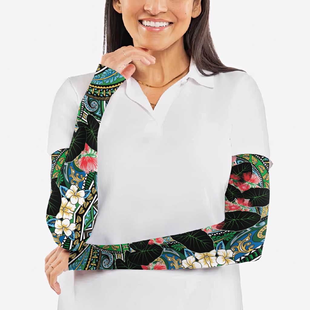 Hawaiian Taro Leaves and Ohia Lehua Arm Sleeves Polynesian Tribal Art Tropical Plants Motifs Colorful