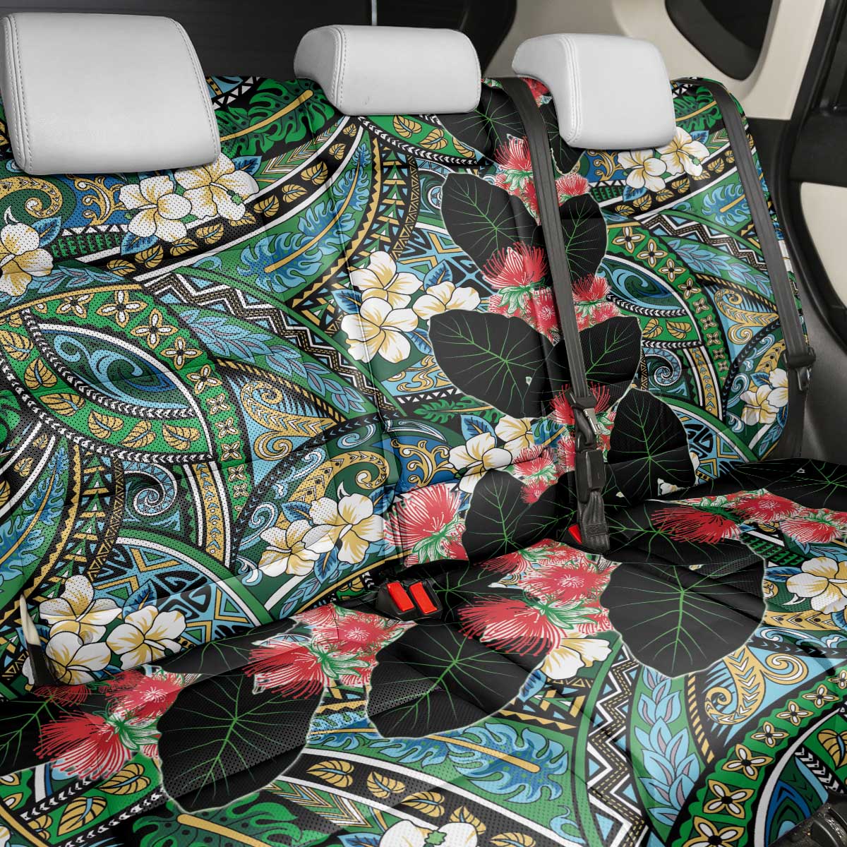 Hawaiian Taro Leaves and Ohia Lehua Back Car Seat Cover Polynesian Tribal Art Tropical Plants Motifs Colorful