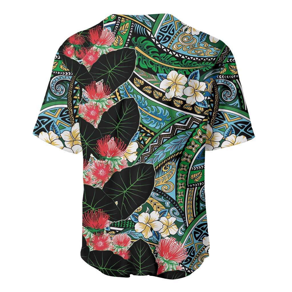 Hawaiian Taro Leaves and Ohia Lehua Baseball Jersey Polynesian Tribal Art Tropical Plants Motifs Colorful
