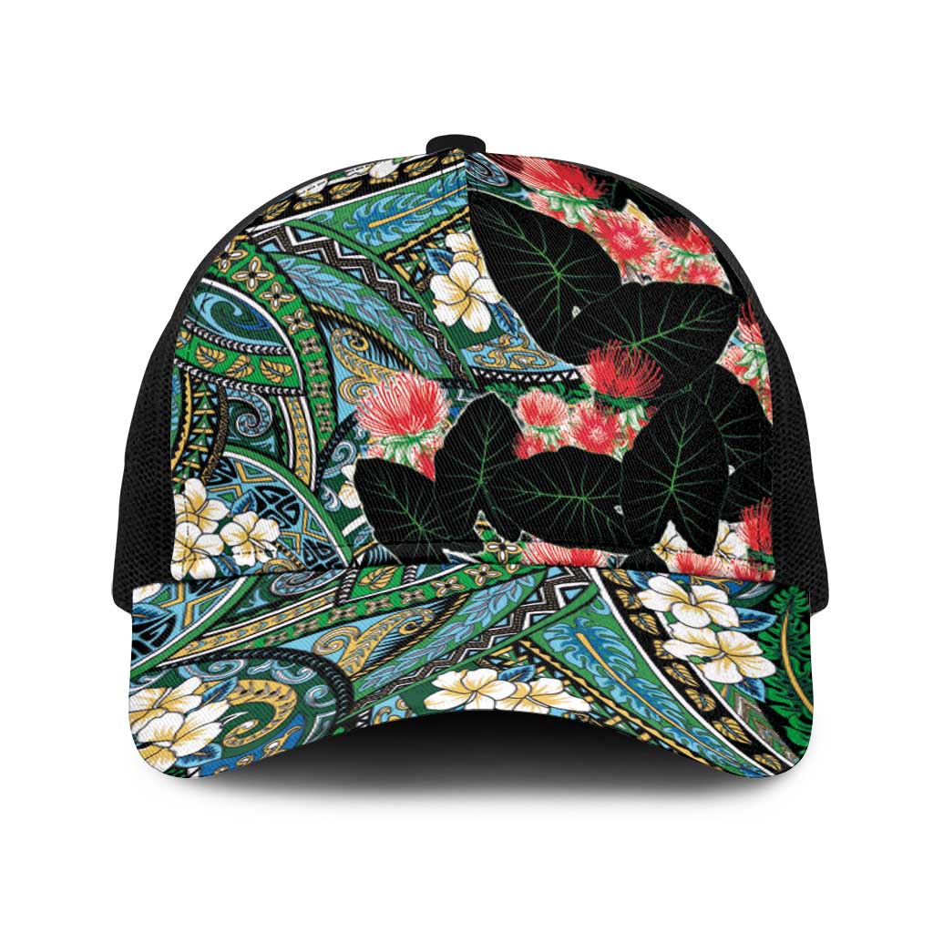 Hawaiian Taro Leaves and Ohia Lehua Baseball Net Cap Polynesian Tribal Art Tropical Plants Motifs Colorful