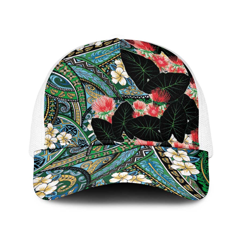 Hawaiian Taro Leaves and Ohia Lehua Baseball Net Cap Polynesian Tribal Art Tropical Plants Motifs Colorful