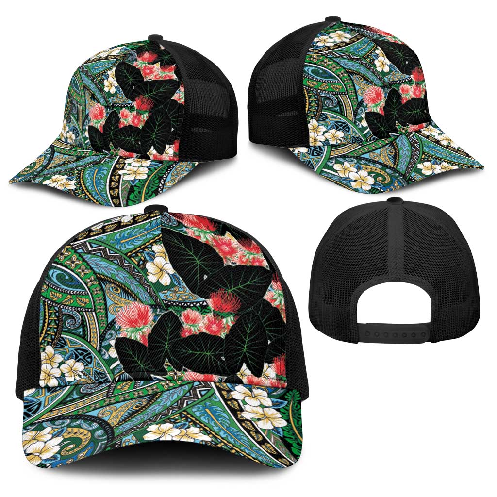 Hawaiian Taro Leaves and Ohia Lehua Baseball Net Cap Polynesian Tribal Art Tropical Plants Motifs Colorful