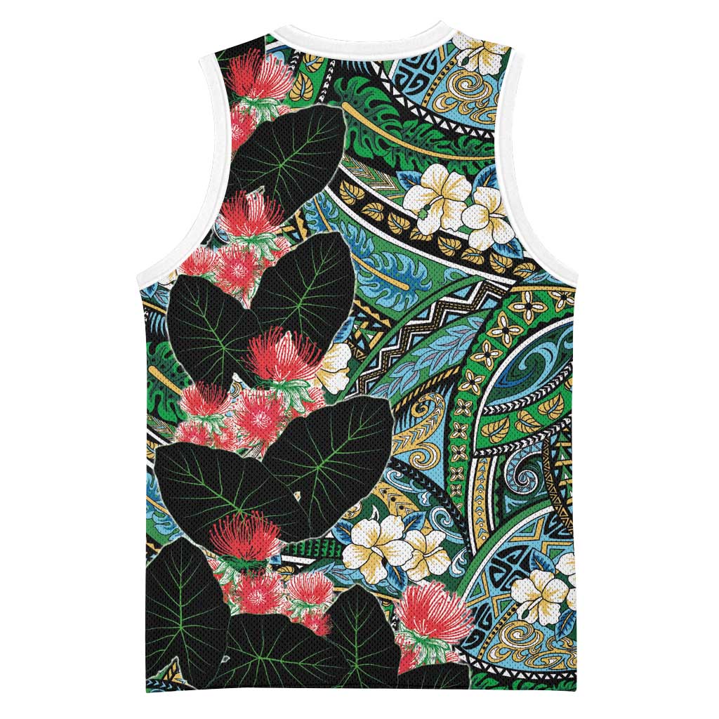 Hawaiian Taro Leaves and Ohia Lehua Basketball Jersey Polynesian Tribal Art Tropical Plants Motifs Colorful