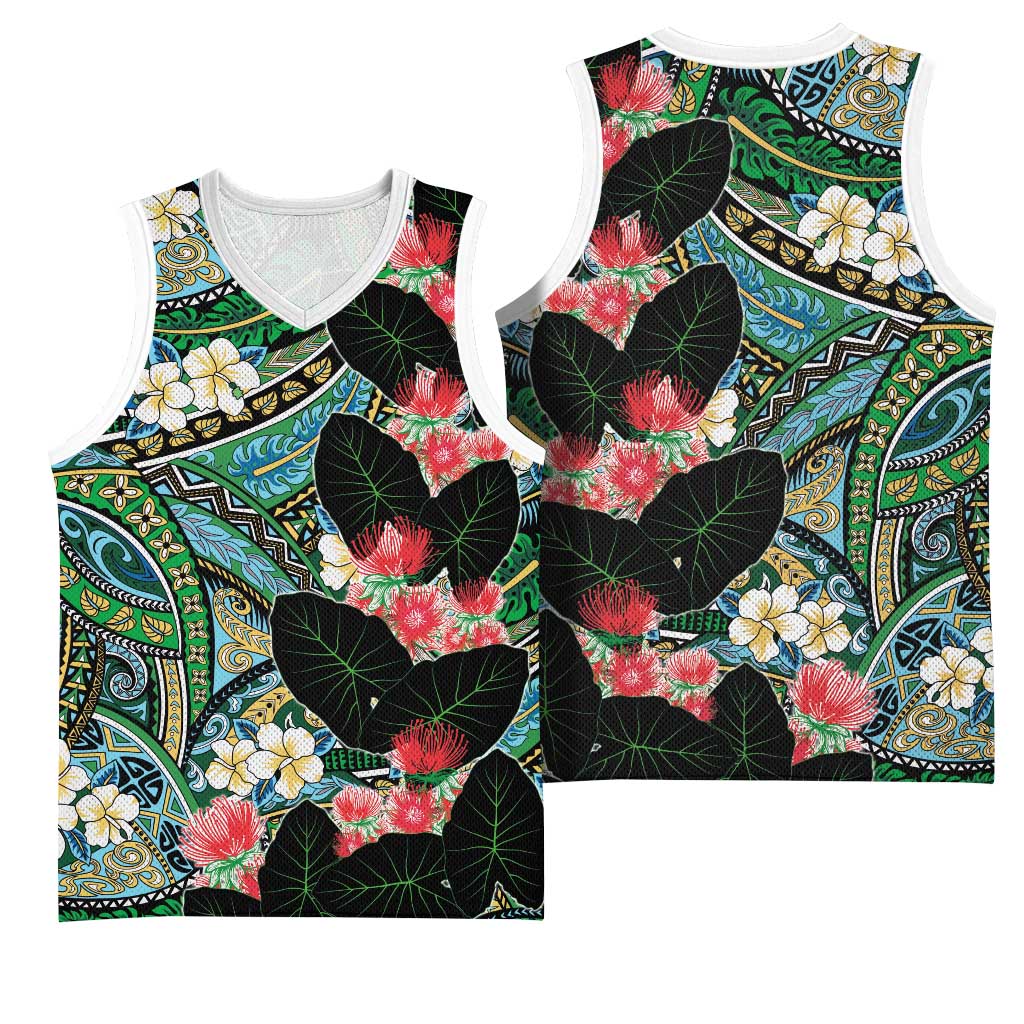 Hawaiian Taro Leaves and Ohia Lehua Basketball Jersey Polynesian Tribal Art Tropical Plants Motifs Colorful