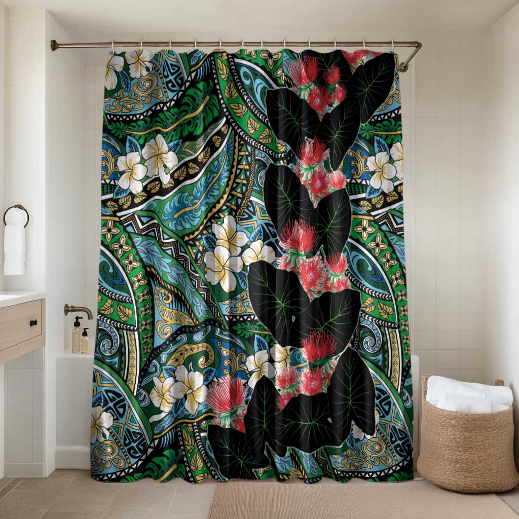 Hawaiian Taro Leaves and Ohia Lehua Bathroom Set Polynesian Tribal Art Tropical Plants Motifs Colorful