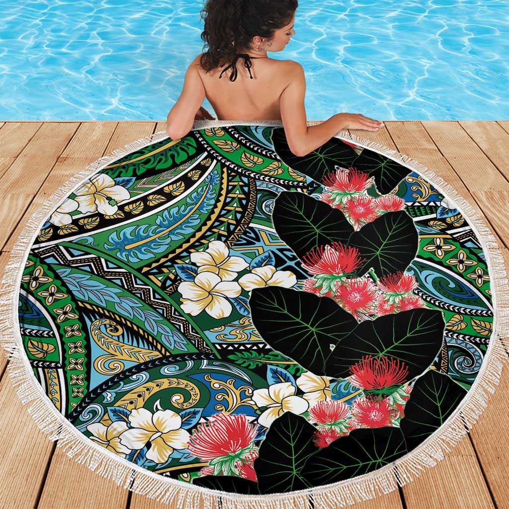 Hawaiian Taro Leaves and Ohia Lehua Beach Blanket Polynesian Tribal Art Tropical Plants Motifs Colorful