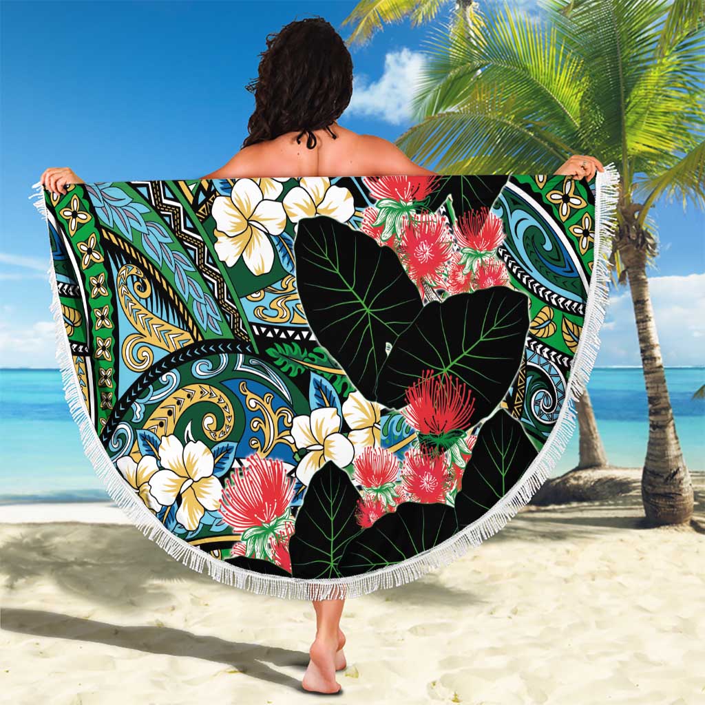 Hawaiian Taro Leaves and Ohia Lehua Beach Blanket Polynesian Tribal Art Tropical Plants Motifs Colorful