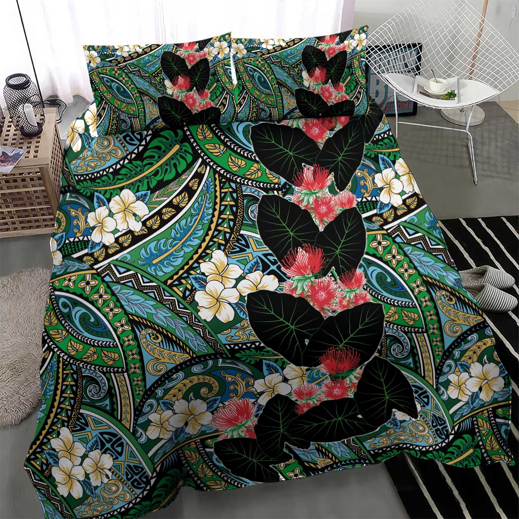 Hawaiian Taro Leaves and Ohia Lehua Bedding Set Polynesian Tribal Art Tropical Plants Motifs Colorful