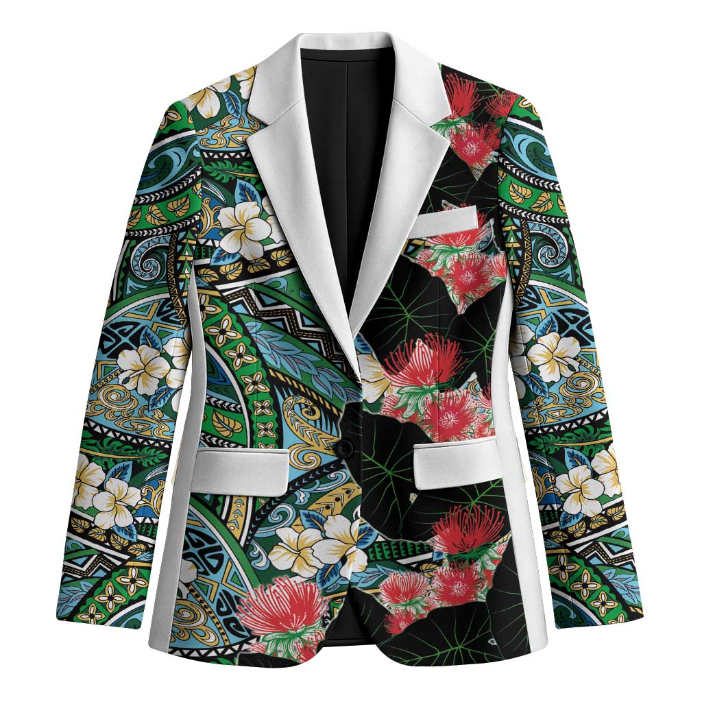 Hawaiian Taro Leaves and Ohia Lehua Blazer Polynesian Tribal Art Tropical Plants Motifs Colorful