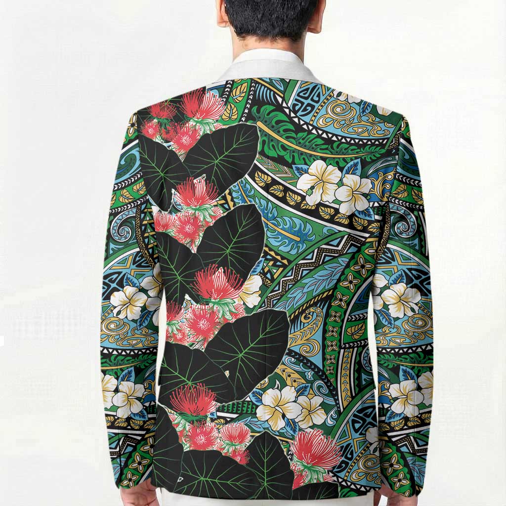 Hawaiian Taro Leaves and Ohia Lehua Blazer Polynesian Tribal Art Tropical Plants Motifs Colorful