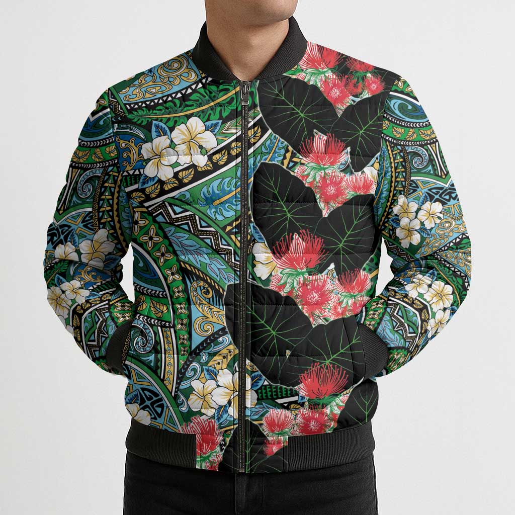 Hawaiian Taro Leaves and Ohia Lehua Bomber Puffer Jacket Polynesian Tribal Art Tropical Plants Motifs Colorful