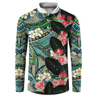 Hawaiian Taro Leaves and Ohia Lehua Button Sweatshirt Polynesian Tribal Art Tropical Plants Motifs Colorful