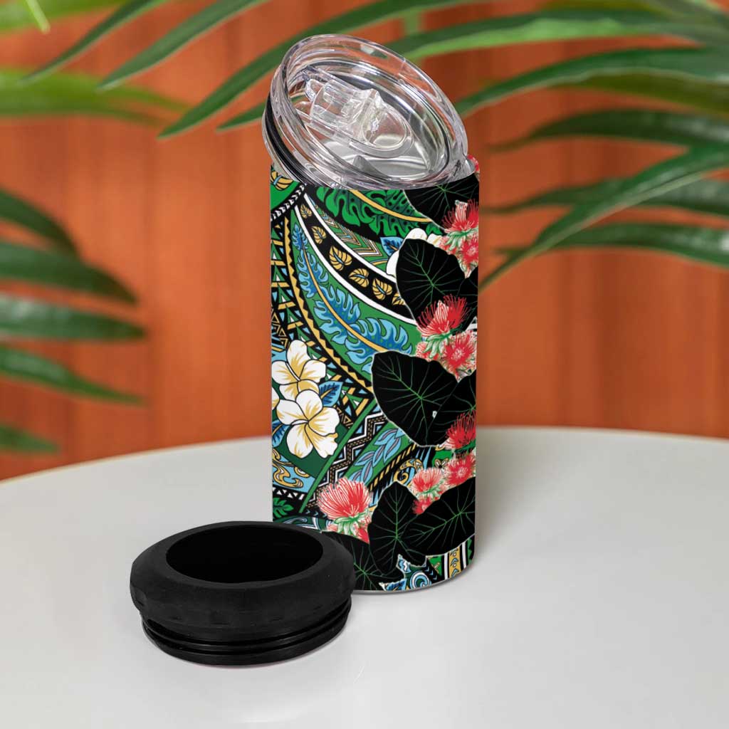 Hawaiian Taro Leaves and Ohia Lehua 4 in 1 Can Cooler Tumbler Polynesian Tribal Art Tropical Plants Motifs Colorful