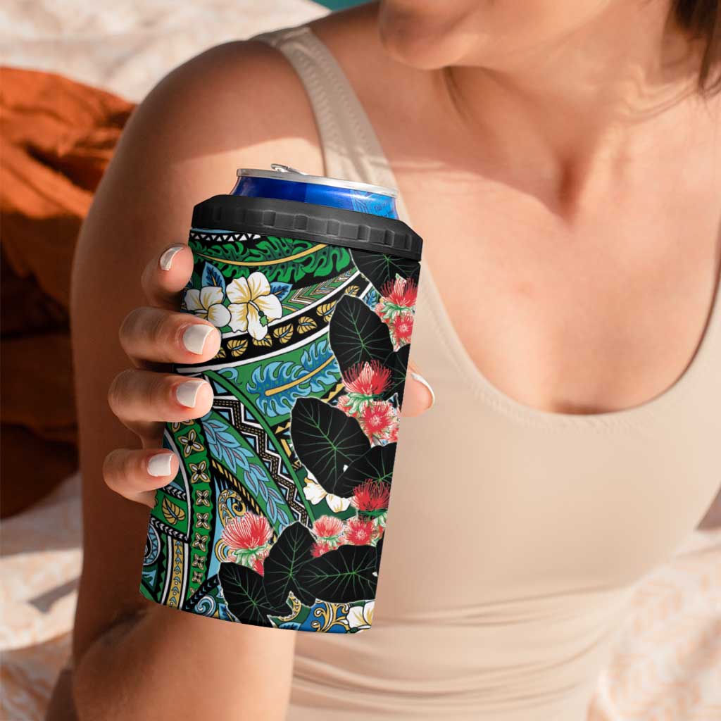 Hawaiian Taro Leaves and Ohia Lehua 4 in 1 Can Cooler Tumbler Polynesian Tribal Art Tropical Plants Motifs Colorful