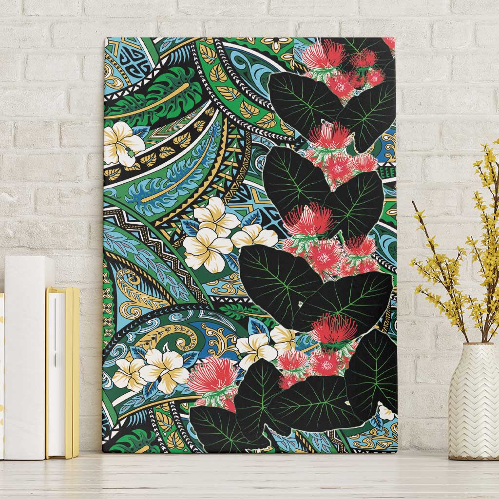 Hawaiian Taro Leaves and Ohia Lehua Canvas Wall Art Polynesian Tribal Art Tropical Plants Motifs Colorful