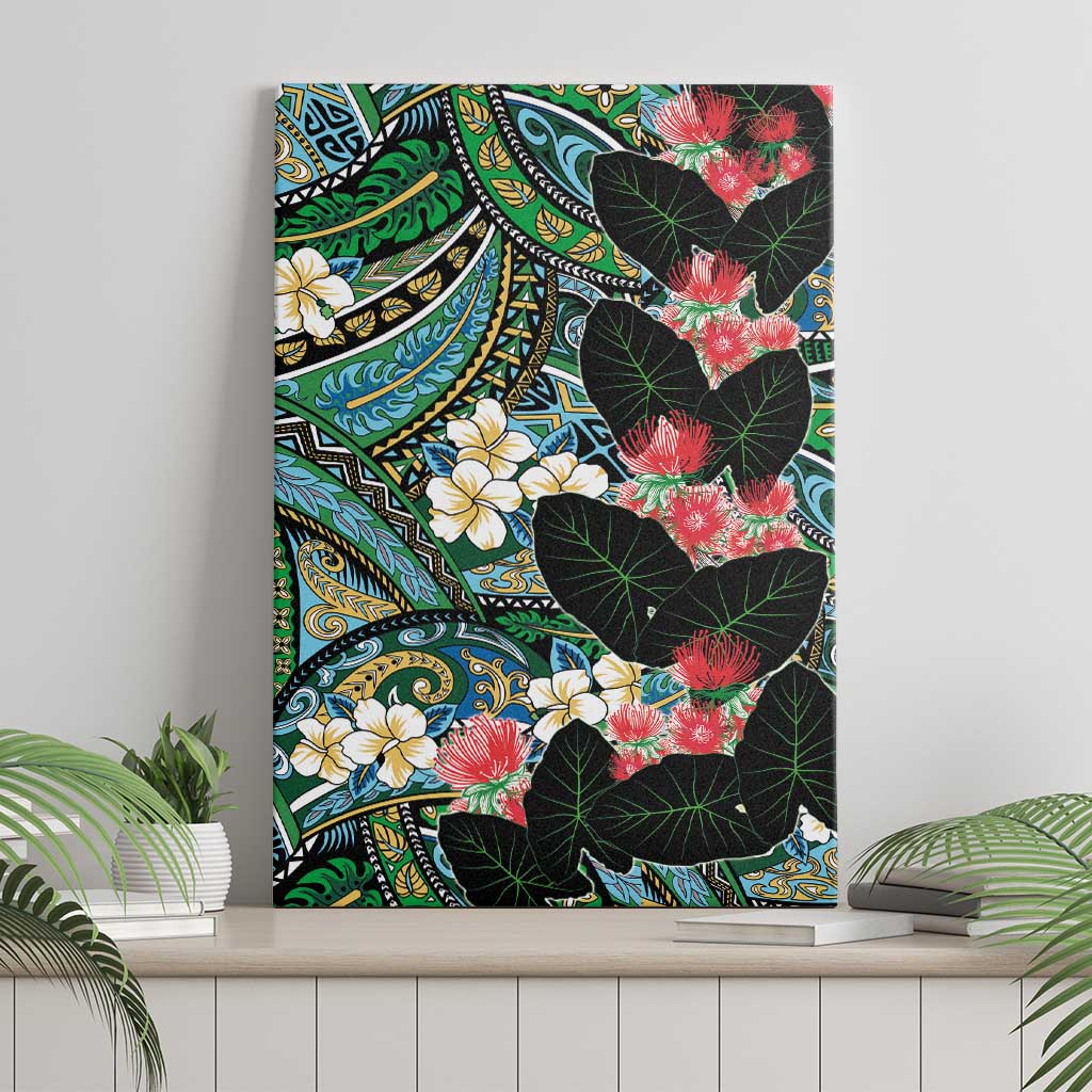 Hawaiian Taro Leaves and Ohia Lehua Canvas Wall Art Polynesian Tribal Art Tropical Plants Motifs Colorful