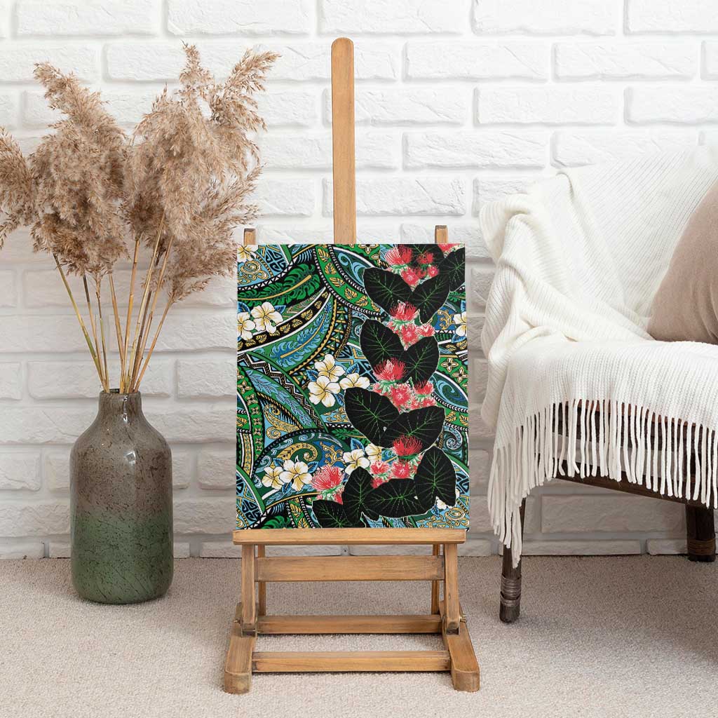 Hawaiian Taro Leaves and Ohia Lehua Canvas Wall Art Polynesian Tribal Art Tropical Plants Motifs Colorful