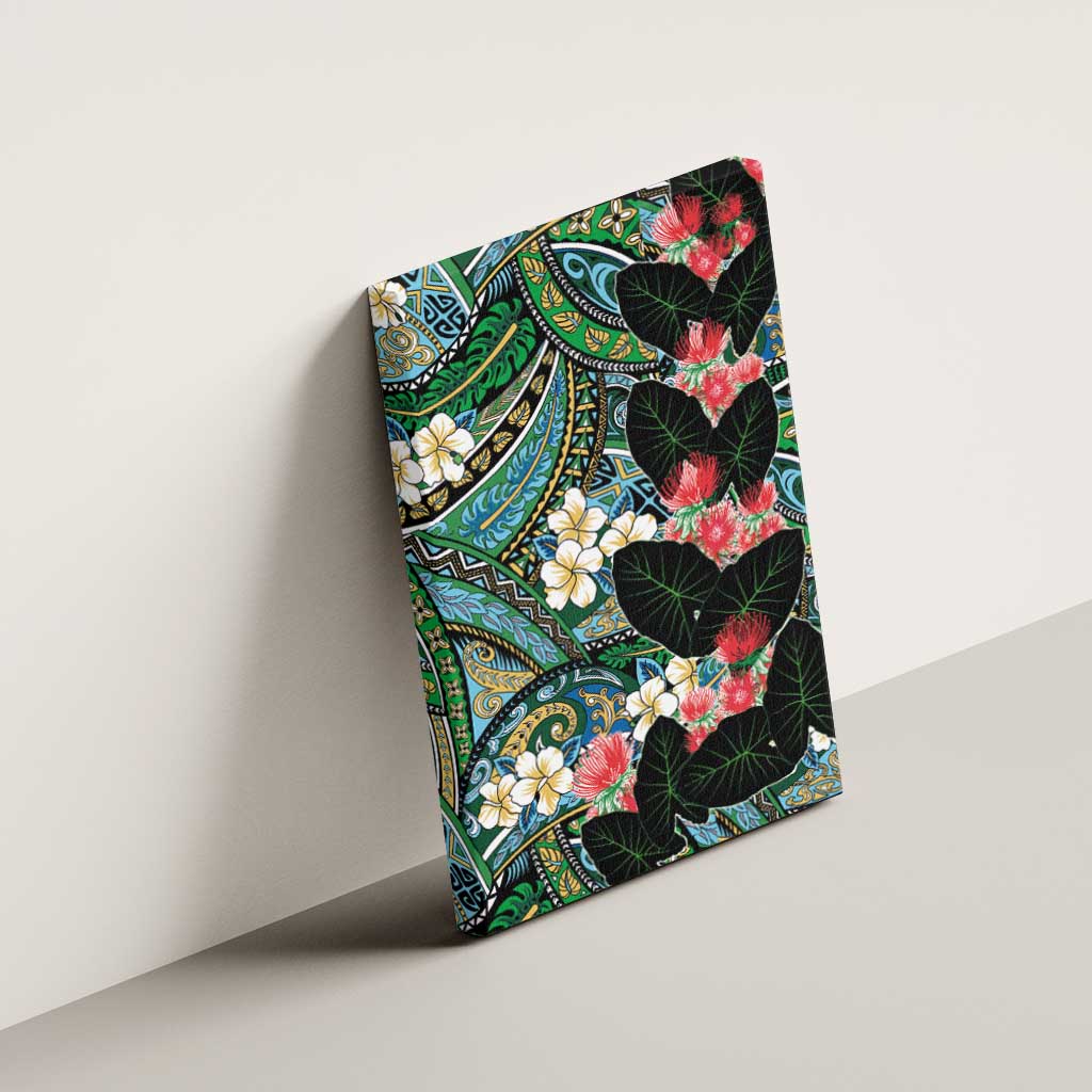 Hawaiian Taro Leaves and Ohia Lehua Canvas Wall Art Polynesian Tribal Art Tropical Plants Motifs Colorful