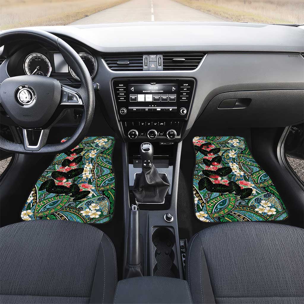 Hawaiian Taro Leaves and Ohia Lehua Car Mats Polynesian Tribal Art Tropical Plants Motifs Colorful