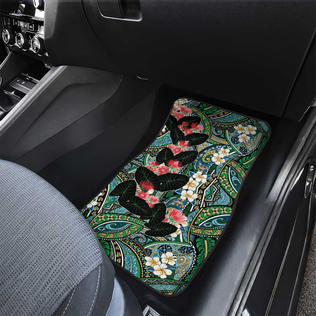 Hawaiian Taro Leaves and Ohia Lehua Car Mats Polynesian Tribal Art Tropical Plants Motifs Colorful